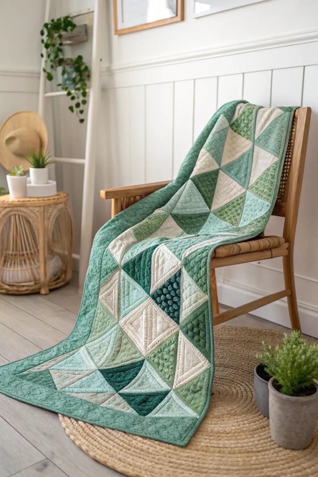 Wrap yourself in the elegance of diamond dreams with this handcrafted green quilt masterpiece. 🌿✨ #MinimalistBoho #QuiltArtistry