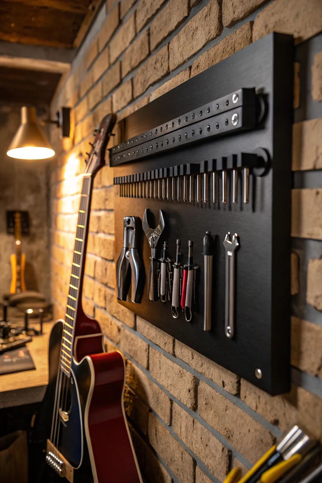 Elevate your guitar workspace with this stylish magnetic tool strip—where function meets industrial flair.