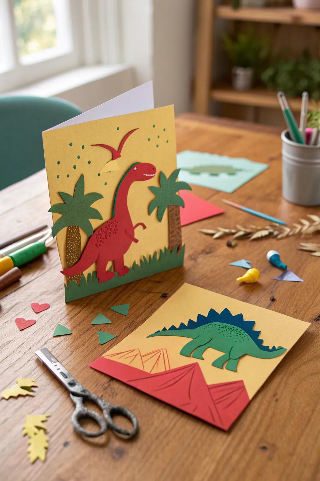 Bring the Jurassic era to life with this vibrant dinosaur birthday card, perfect for your little adventurer!