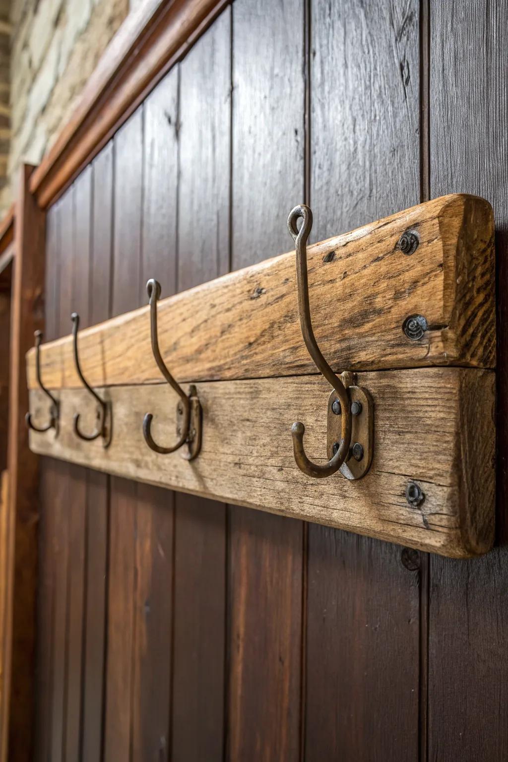 Elevate your entryway with a rustic coat rack crafted from leftover flooring.