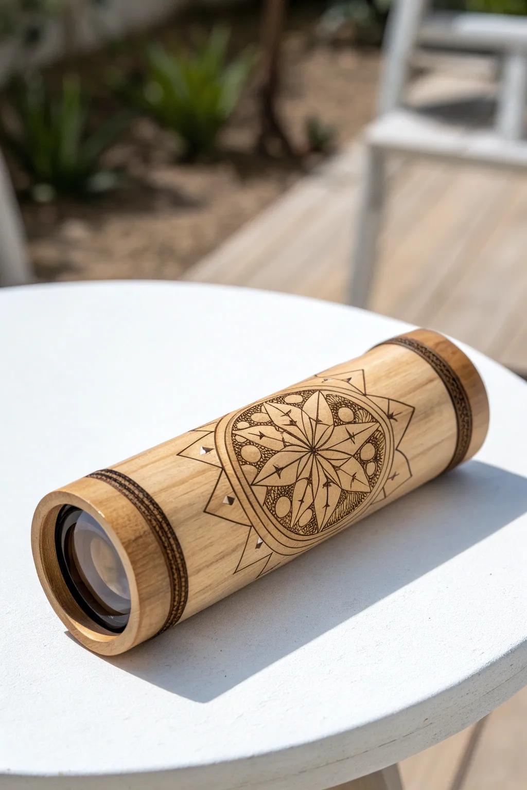 Discover the artistry of reflection and symmetry with this stunning handcrafted kaleidoscope.