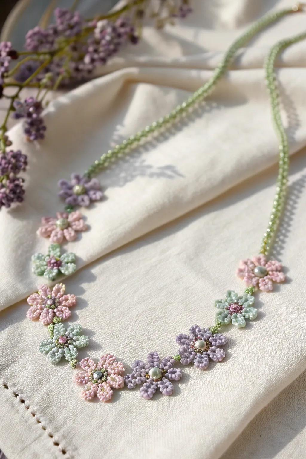 Embrace the essence of spring with this Garden Charm Bib Necklace, where delicate seed bead flowers bloom in pastel perfection.