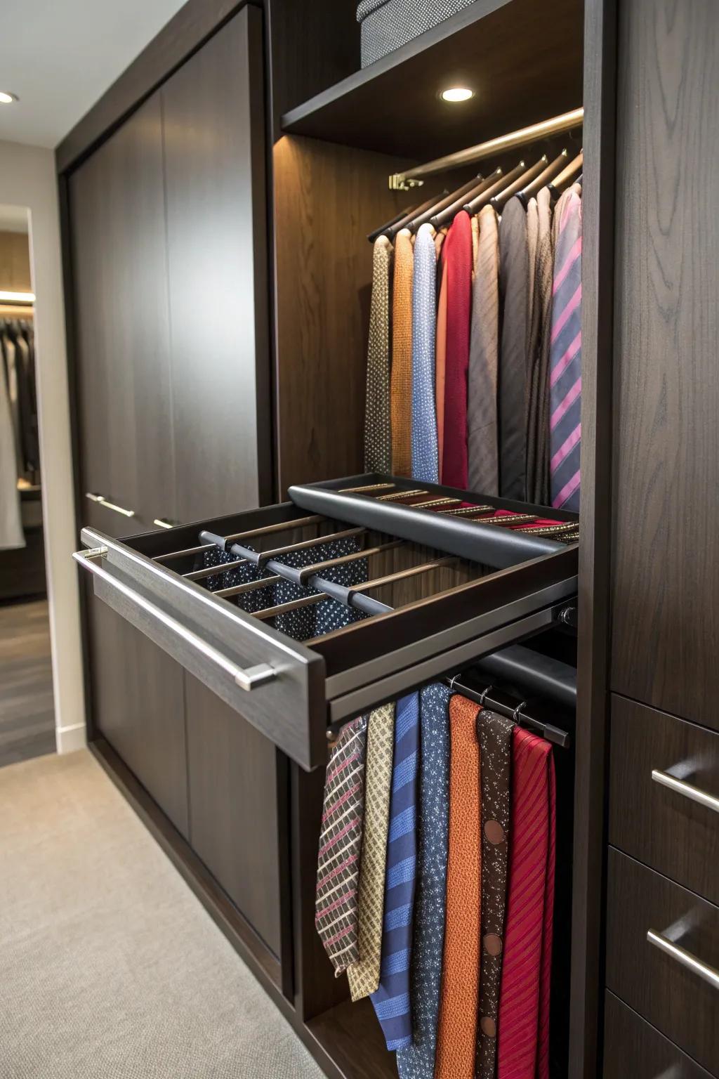 Optimize your closet with style and functionality: Discover the elegance of a pull-out tie rack.