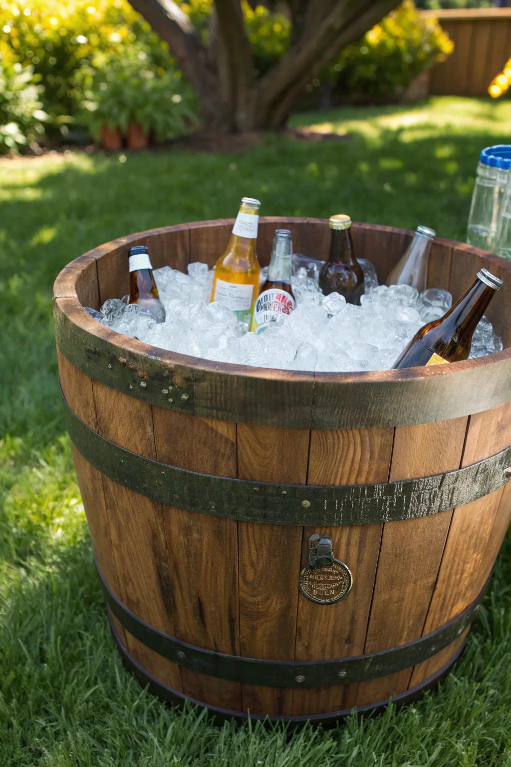 Chill in style: Elevate your party with a rustic barrel ice bucket.