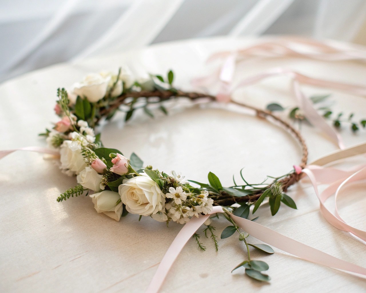 Adding the finishing touches to a flower crown enhances its beauty.
