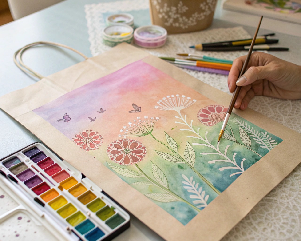 Applying a watercolor base sets the artistic tone for your gift tags.