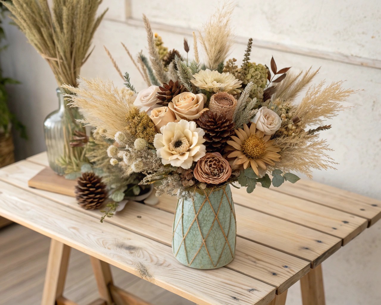 Carefully selecting dried flowers emphasizes textural contrast and harmony.