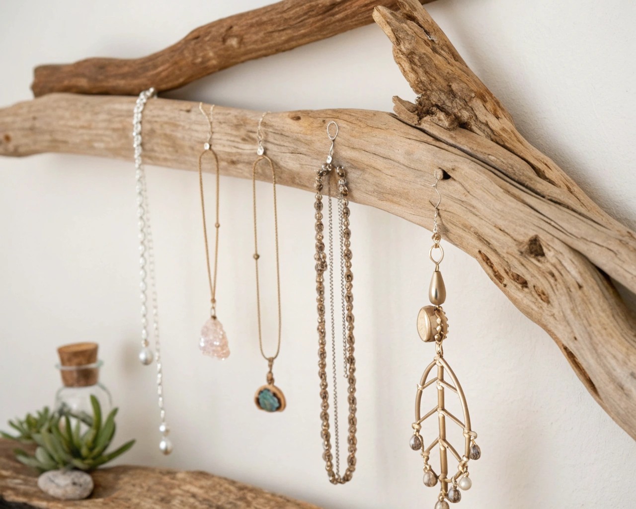 Classic wall-mounted driftwood displays keep jewelry organized and stylish.