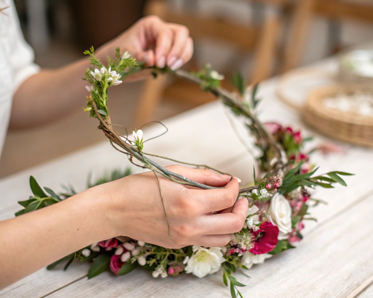 The assembly process of a dried flower crown, emphasizing craftsmanship.