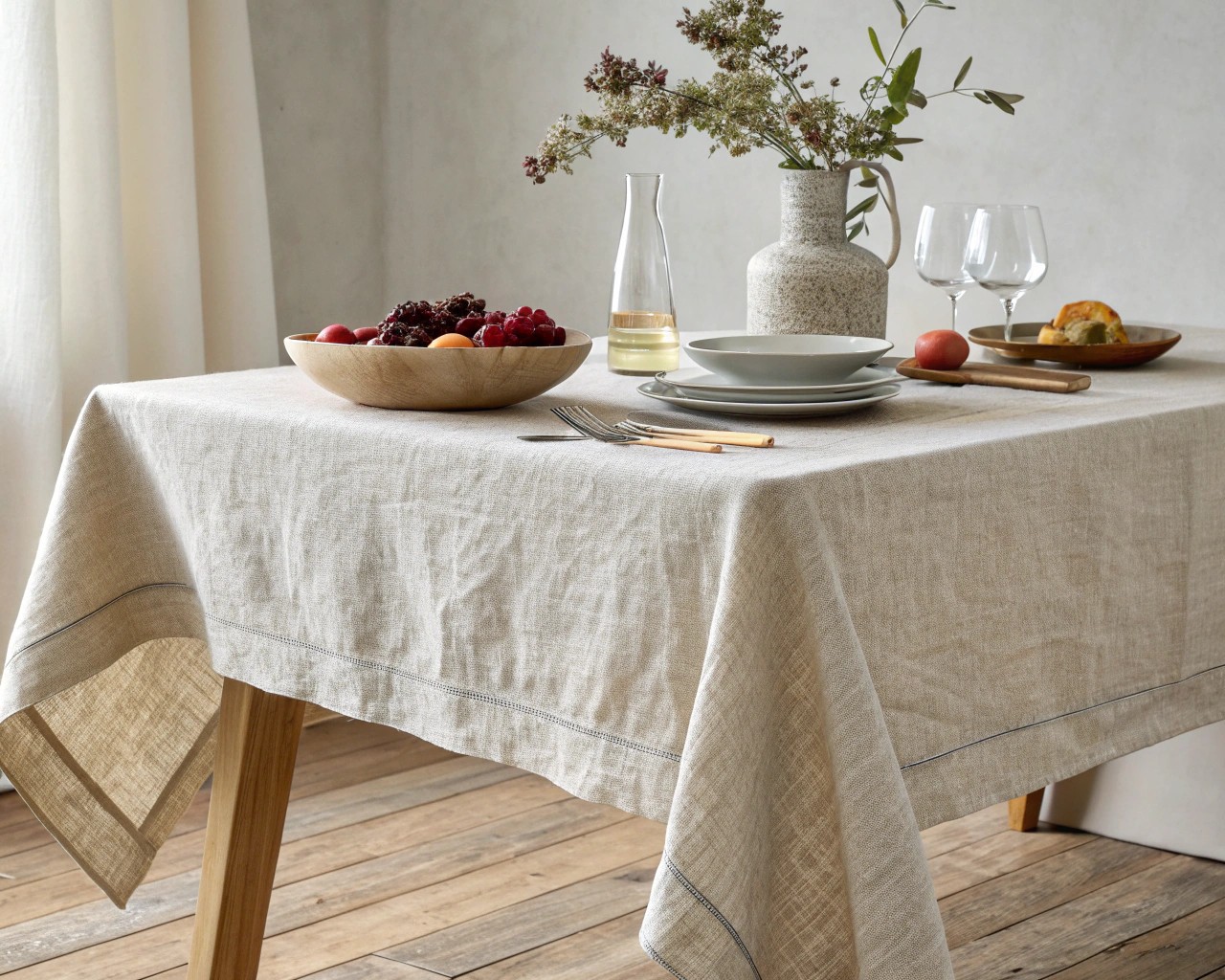 The organic weave of natural linen fabric provides a perfect foundation for layering various textures in table decor.