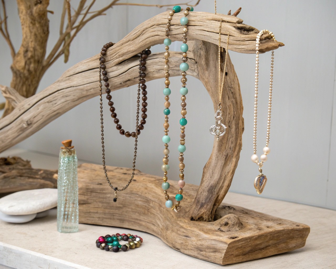 Tiered driftwood systems maximize display capacity while adding visual interest.
